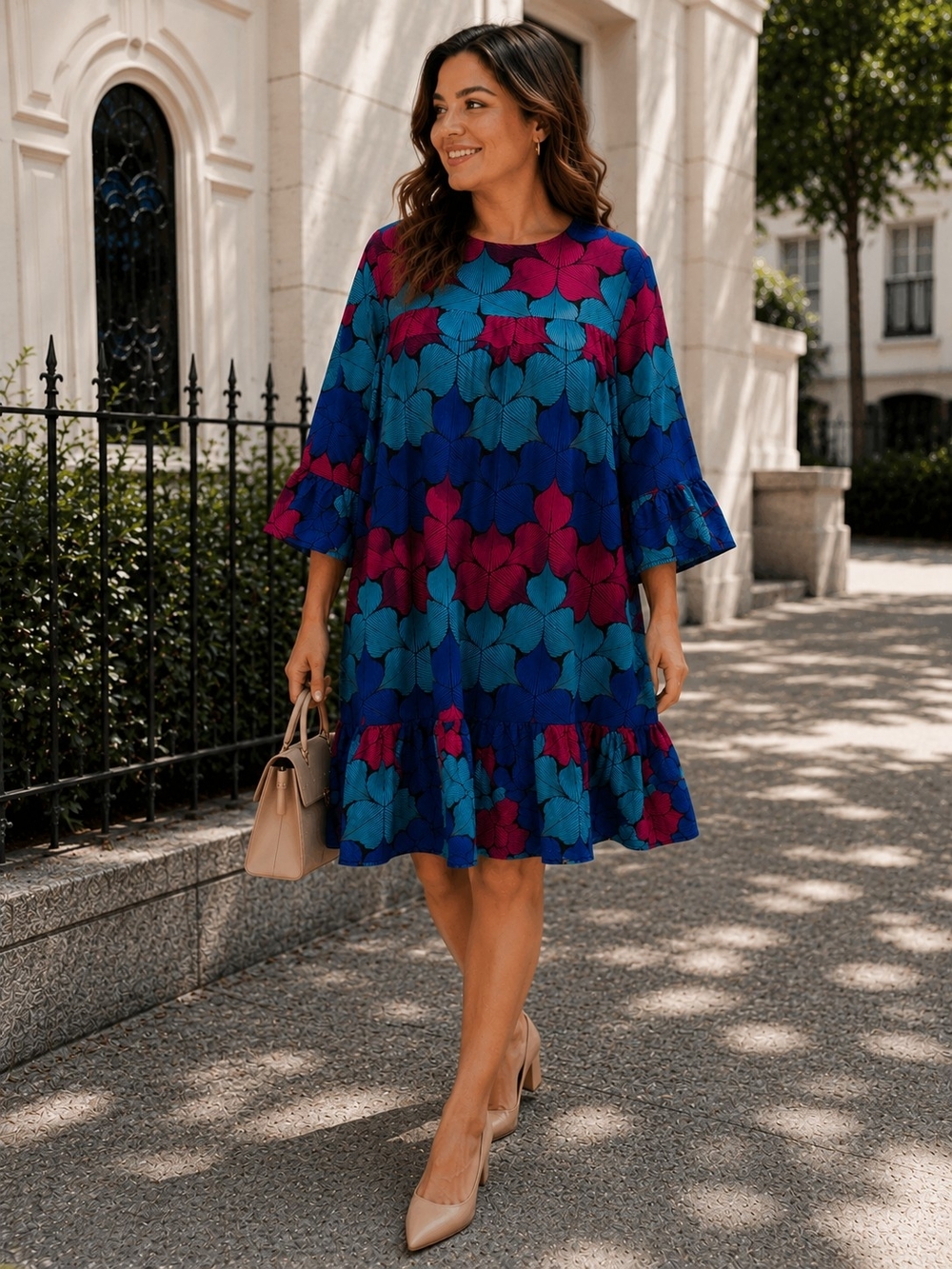 Vibrant Blue and Pink Leaf-Like Floral Dress